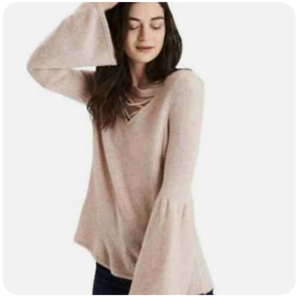 American Eagle  Ecru Cage Criss Cross Neck Bell Sleeve Womens Sweater